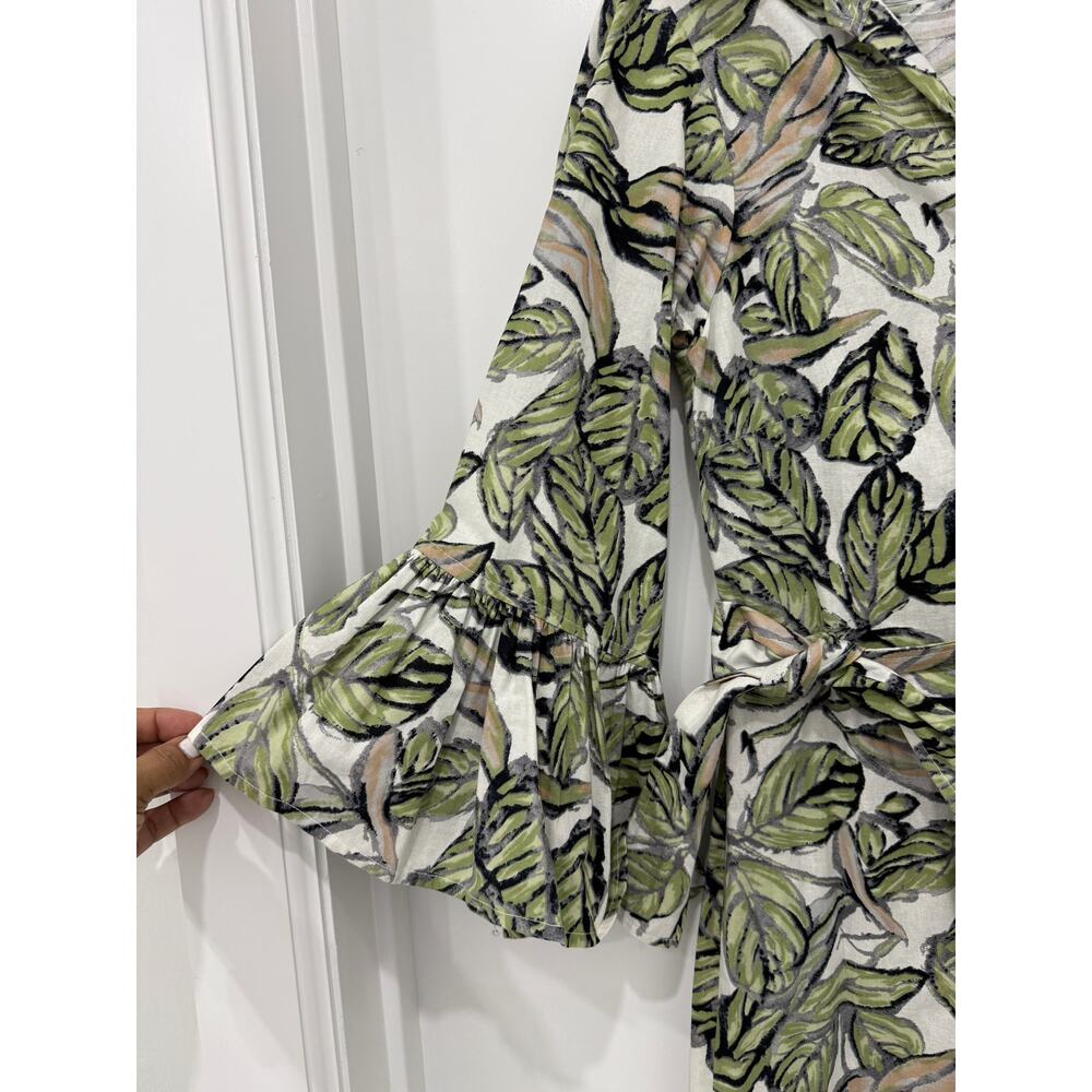 Isabel Riera leaf-print maxi dress Sz M button-down front bell sleeves MSRP$450 - Picture 8 of 11